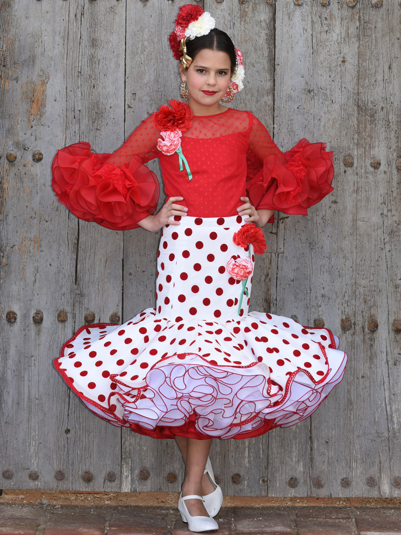 Blusa plumeti roja y falda blanca lunar rojo para niña - Sara de Benítez